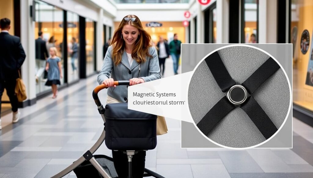 Cybex Balios S Lux im urbanen Umfeld mit Fokus auf den Magnetgurt