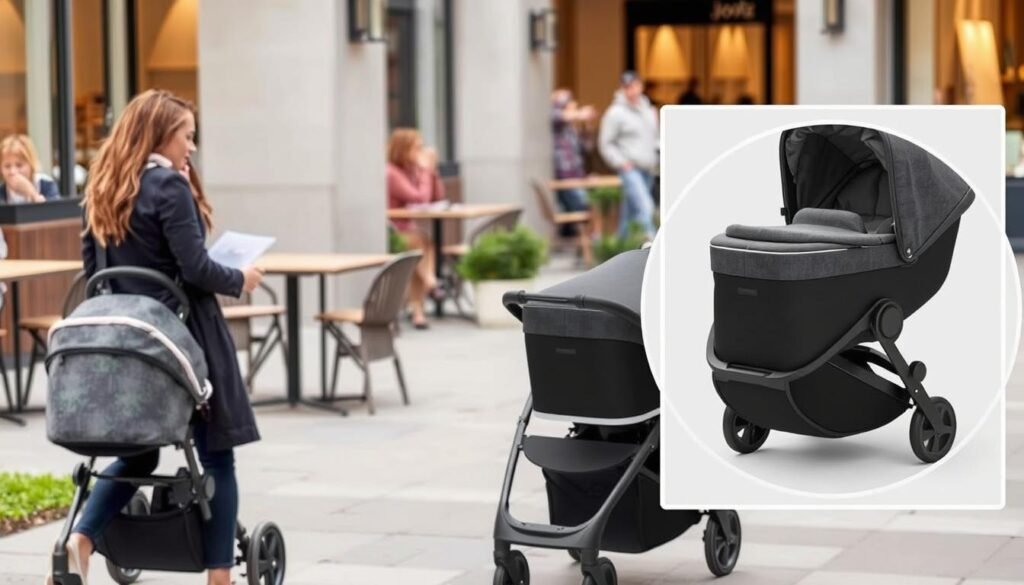 Joolz Day+ Kinderwagen im urbanen Umfeld mit Detailansicht der nachhaltigen Materialien