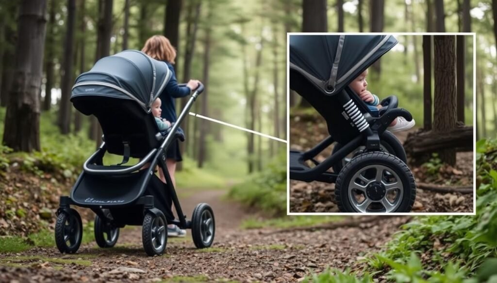 Maxi-Cosi Lila XP im Geländeeinsatz mit Detailansicht der Federung